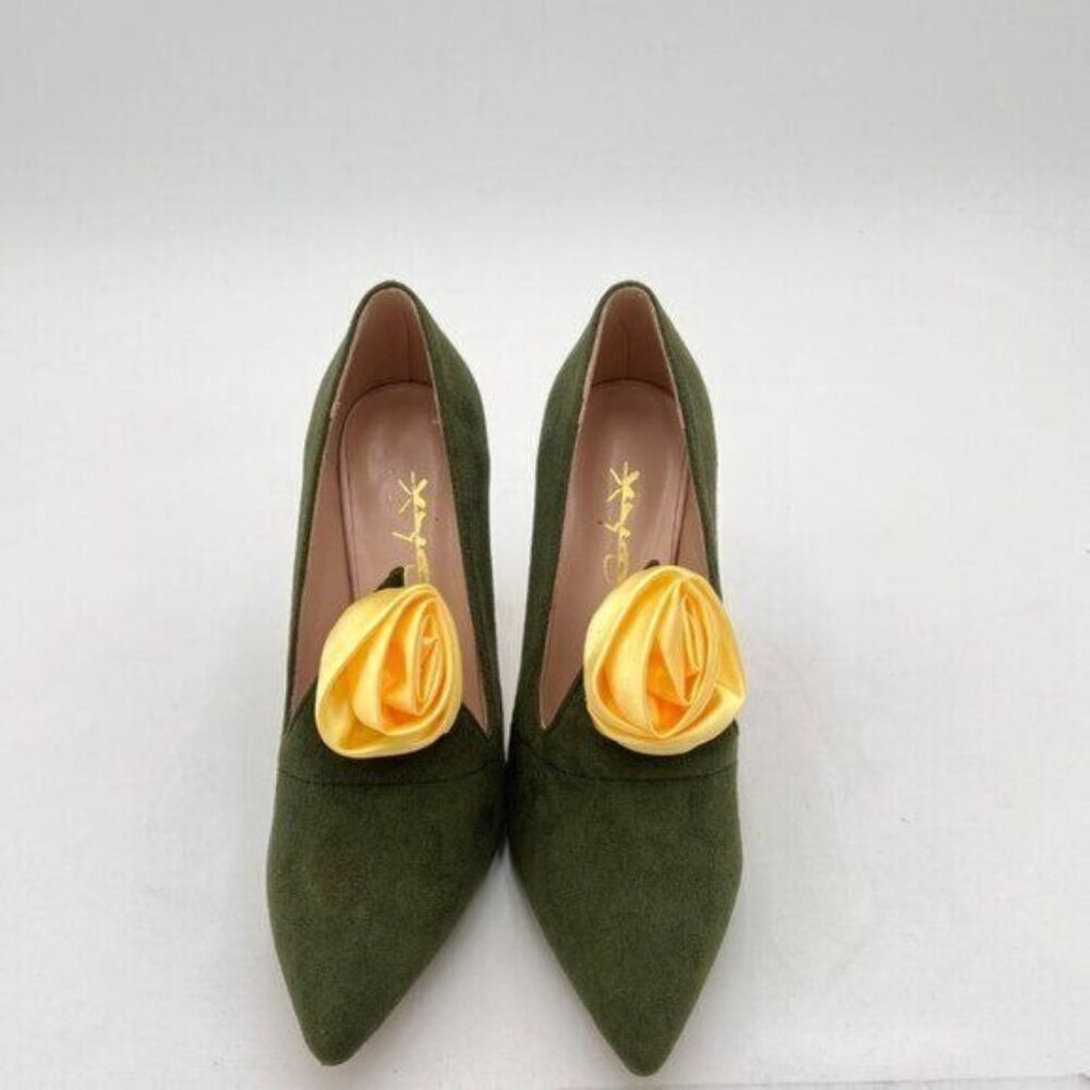 XYD Green Elegant Dress Pumps Suede Pointed Toe High Heels Rose Flower Shoes - Picture 3 of 8